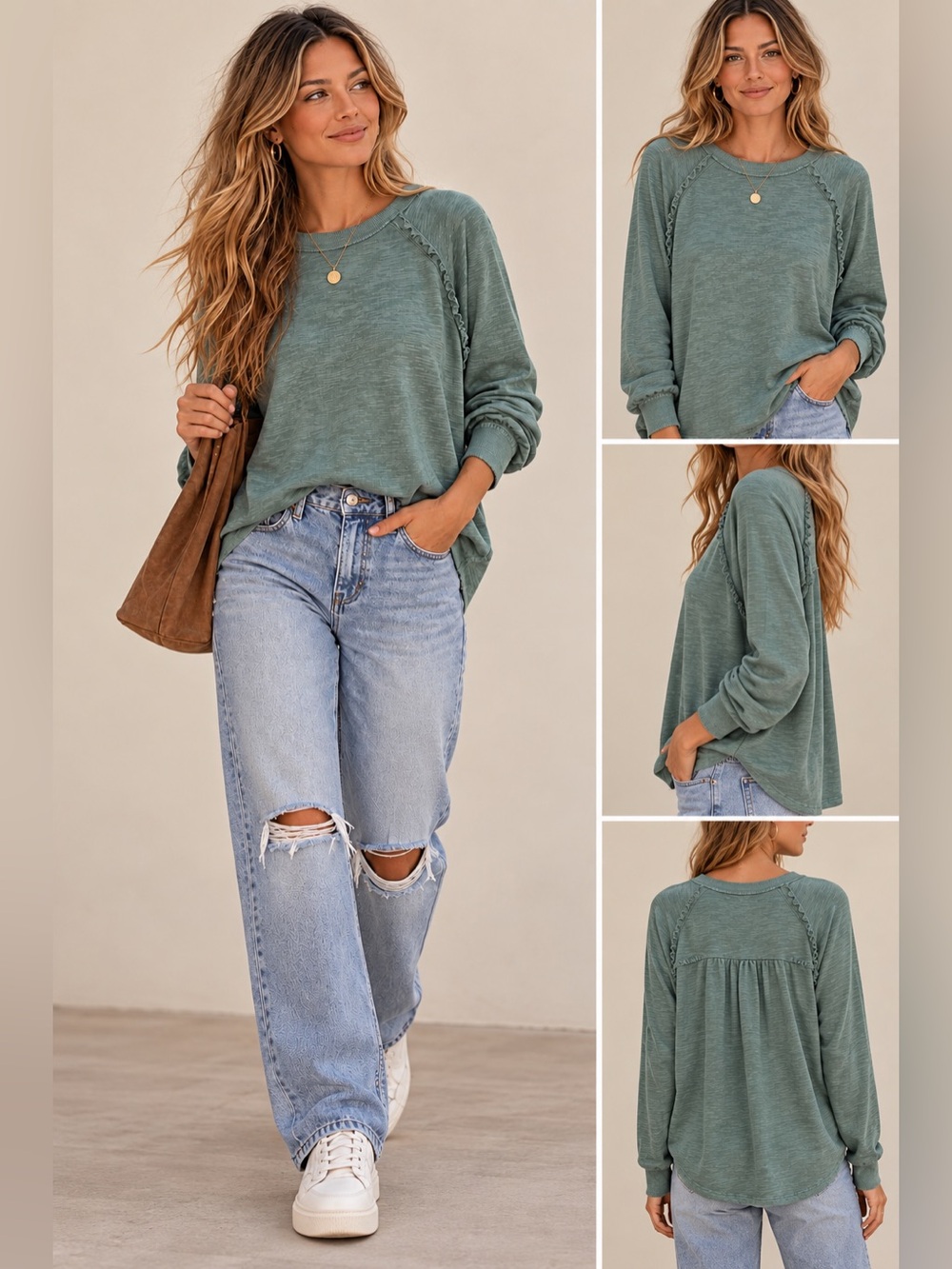 Pilcro Anthropologie Ruffle Raglan lightweight Pullover  Sweater Top Sage Green
